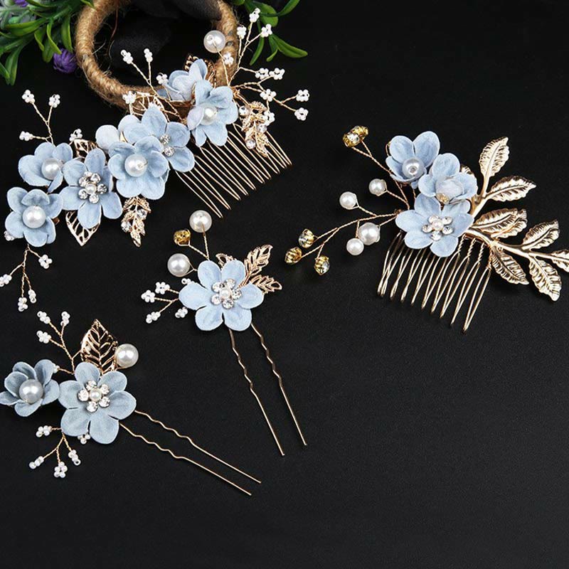 Buddha Stones 4Pcs Handmade Wedding Golden Leaf Flower Pearl Hairpin Hair Comb Set