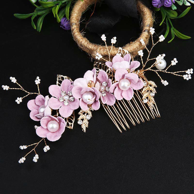 Buddha Stones 4Pcs Handmade Wedding Golden Leaf Flower Pearl Hairpin Hair Comb Set