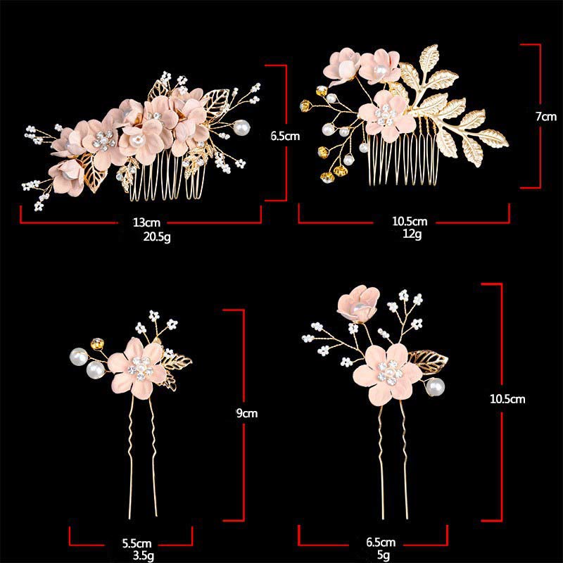 Buddha Stones 4Pcs Handmade Wedding Golden Leaf Flower Pearl Hairpin Hair Comb Set