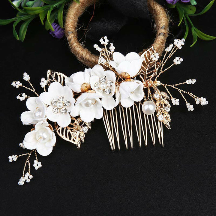 Buddha Stones 4Pcs Handmade Wedding Golden Leaf Flower Pearl Hairpin Hair Comb Set