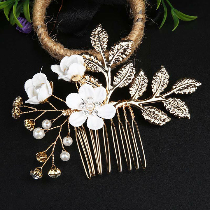 Buddha Stones 4Pcs Handmade Wedding Golden Leaf Flower Pearl Hairpin Hair Comb Set