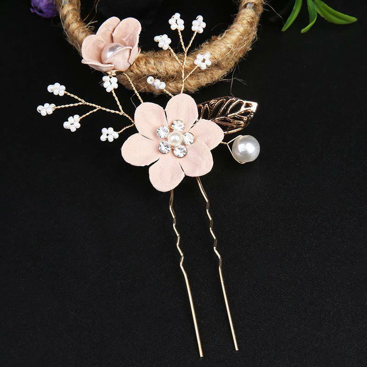 Buddha Stones 4Pcs Handmade Wedding Golden Leaf Flower Pearl Hairpin Hair Comb Set