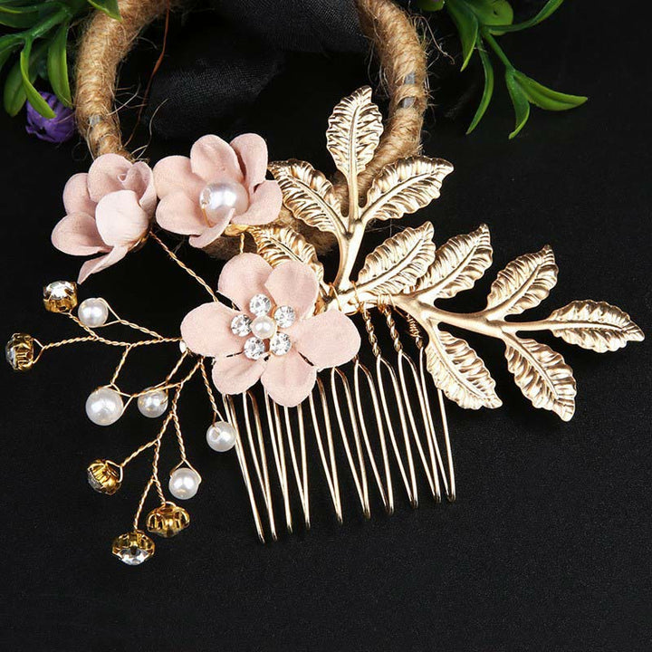 Buddha Stones 4Pcs Handmade Wedding Golden Leaf Flower Pearl Hairpin Hair Comb Set