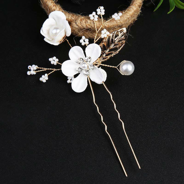 Buddha Stones 4Pcs Handmade Wedding Golden Leaf Flower Pearl Hairpin Hair Comb Set