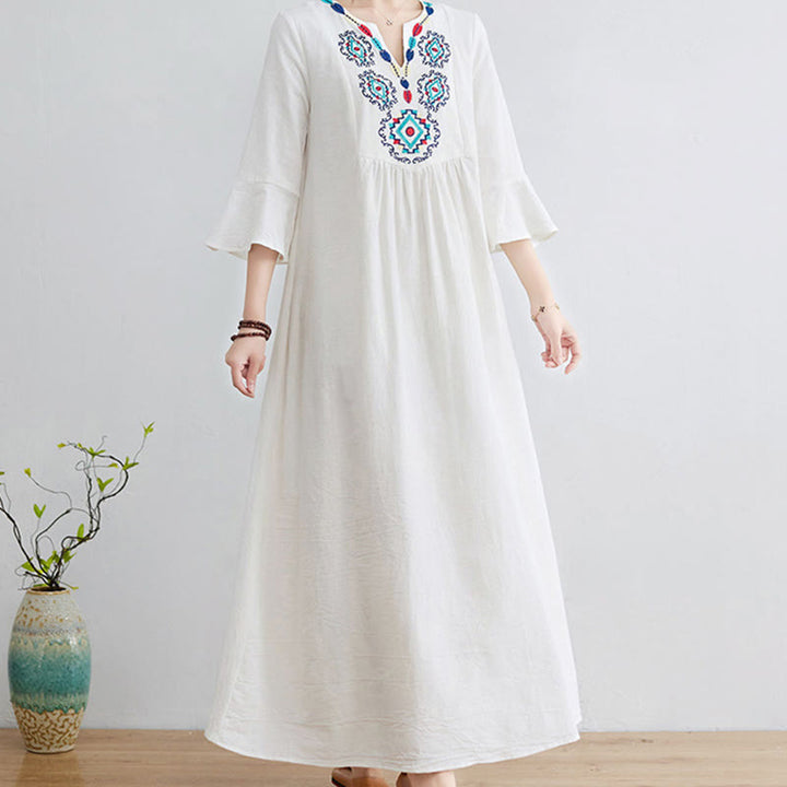 Buddha Stones Casual Embroidered Flower Pattern V-neck Three Quarter Sleeve Design Cotton Linen Midi Dress