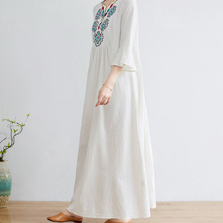 Buddha Stones Casual Embroidered Flower Pattern V-neck Three Quarter Sleeve Design Cotton Linen Midi Dress