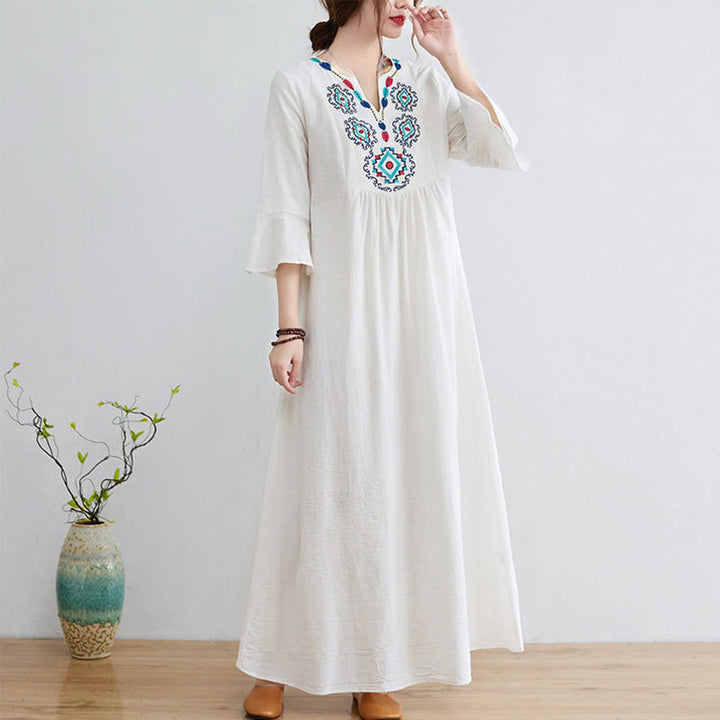 Buddha Stones Casual Embroidered Flower Pattern V-neck Three Quarter Sleeve Design Cotton Linen Midi Dress - Snow - US8-10，UK/AU12-14，EU40-42 (2XL) - image 1