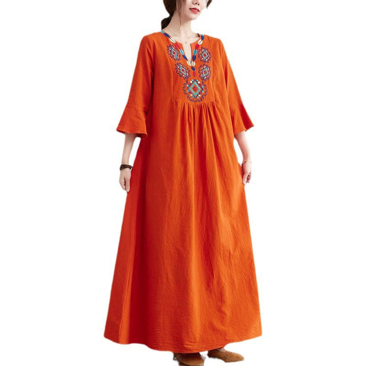 Buddha Stones Casual Embroidered Flower Pattern V-neck Three Quarter Sleeve Design Cotton Linen Midi Dress