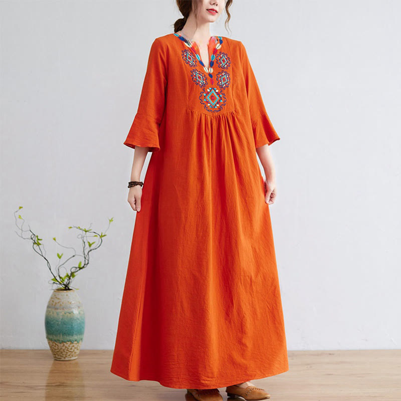 Buddha Stones Casual Embroidered Flower Pattern V-neck Three Quarter Sleeve Design Cotton Linen Midi Dress