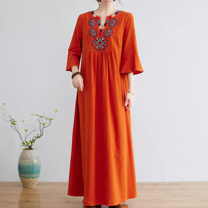 Buddha Stones Casual Embroidered Flower Pattern V-neck Three Quarter Sleeve Design Cotton Linen Midi Dress - image 10