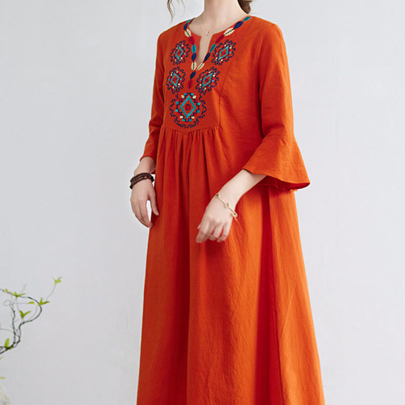 Buddha Stones Casual Embroidered Flower Pattern V-neck Three Quarter Sleeve Design Cotton Linen Midi Dress