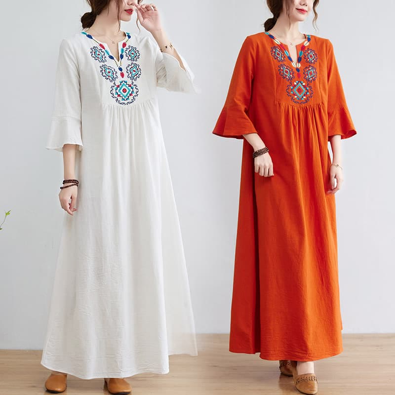 Buddha Stones Casual Embroidered Flower Pattern V-neck Three Quarter Sleeve Design Cotton Linen Midi Dress