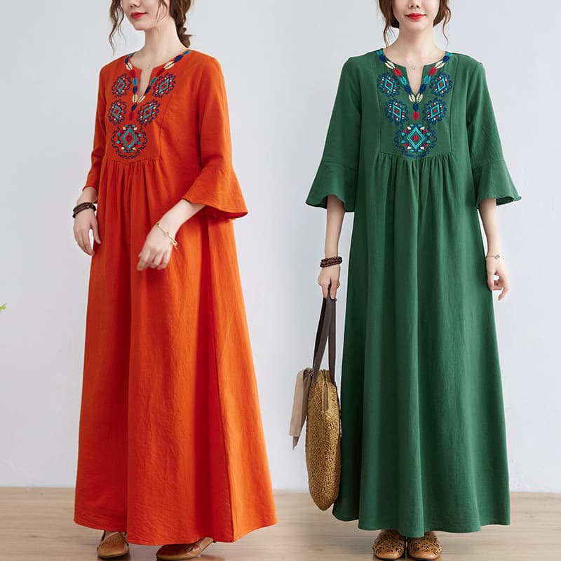 Buddha Stones Casual Embroidered Flower Pattern V-neck Three Quarter Sleeve Design Cotton Linen Midi Dress - image 20