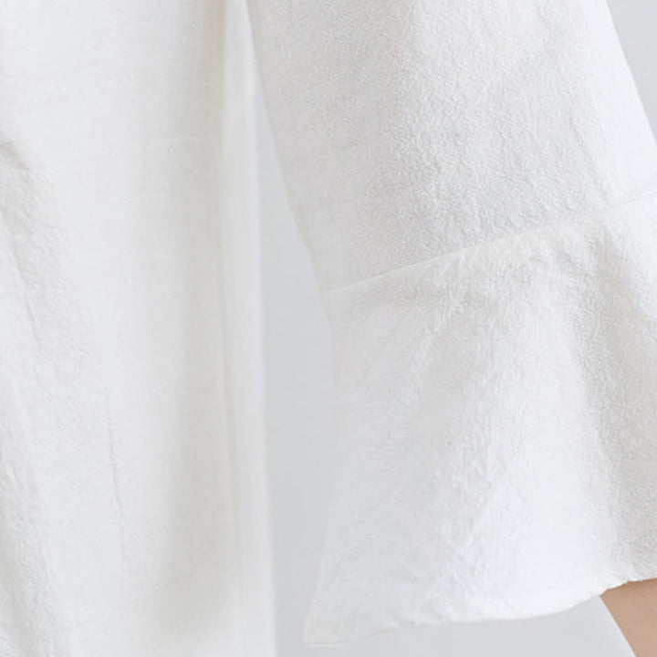 Buddha Stones Casual Embroidered Flower Pattern V-neck Three Quarter Sleeve Design Cotton Linen Midi Dress - image 8