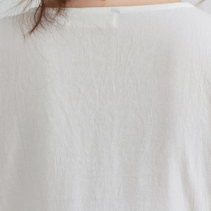 Buddha Stones Casual Embroidered Flower Pattern V-neck Three Quarter Sleeve Design Cotton Linen Midi Dress - image 6