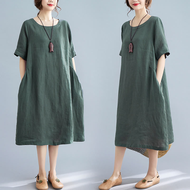 Buddha Stones Casual Loose Solid Color Cotton Linen Crew Neck Half Sleeve Design Midi Dress With Pockets