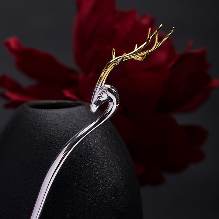 Buddha Stones 925 Sterling Silver Deer Antler Protection Hairpin - image 1