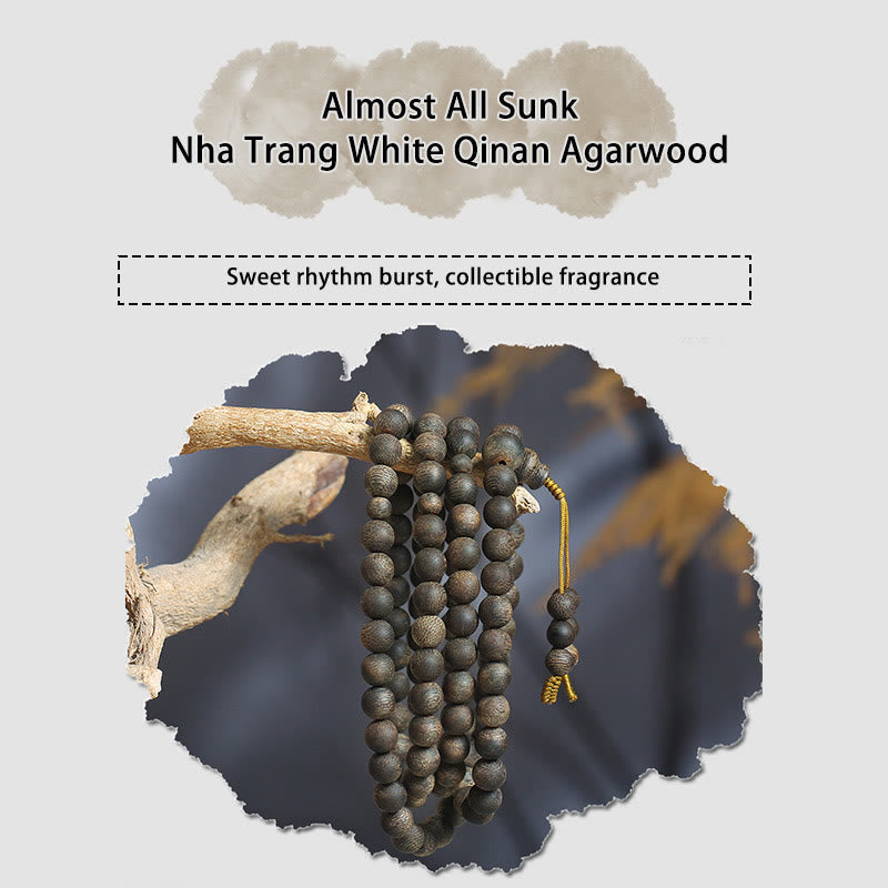 Buddha Stones Nha Trang 108 Mala Beads 8mm White Qinan Vietnam Agarwood Peace Bracelet