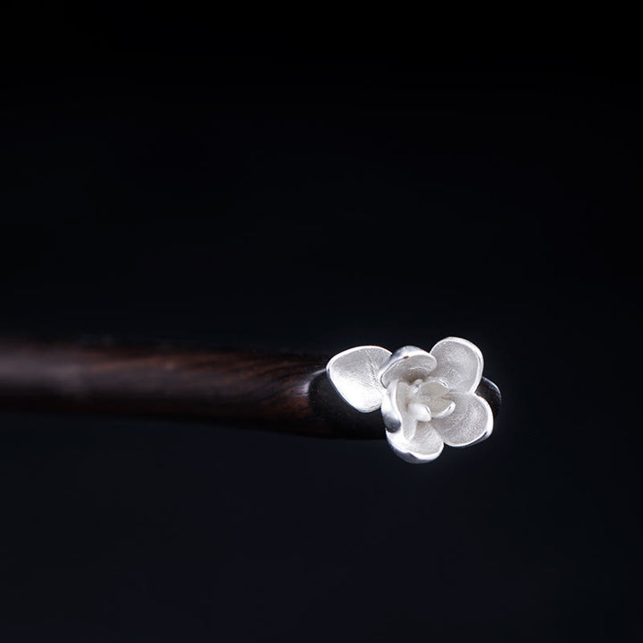 Buddha Stones 925 Sterling Silver Classical Ebony Magnolia Flower Blessing Hairpin