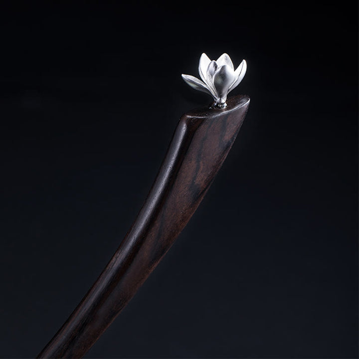 Buddha Stones 925 Sterling Silver Classical Ebony Magnolia Flower Blessing Hairpin