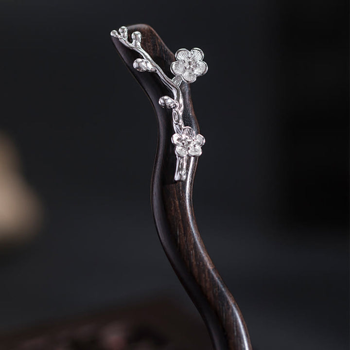 Buddha Stones 925 Sterling Silver Classical Chinese Style Ebony Plum Blossom Blessing Hairpin - image 9
