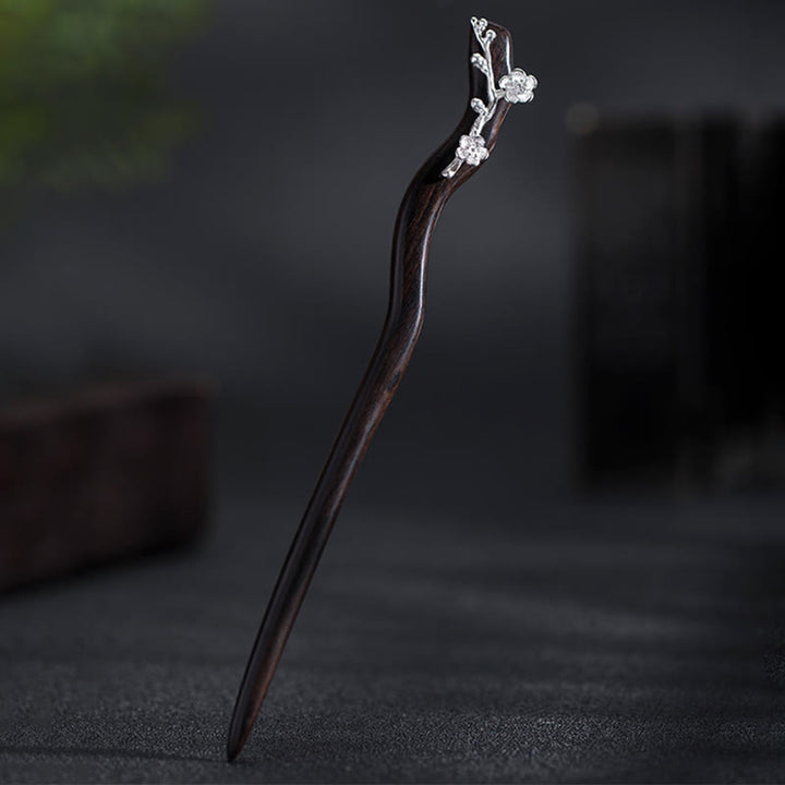 Buddha Stones 925 Sterling Silver Classical Chinese Style Ebony Plum Blossom Blessing Hairpin