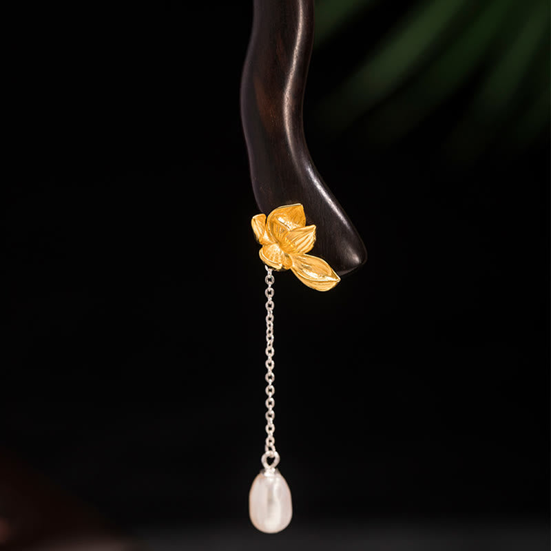 Buddha Stones 925 Sterling Silver Classical Chinese Style Ebony Lotus Flower Pearl Tassel Blessing Hairpin - image 7