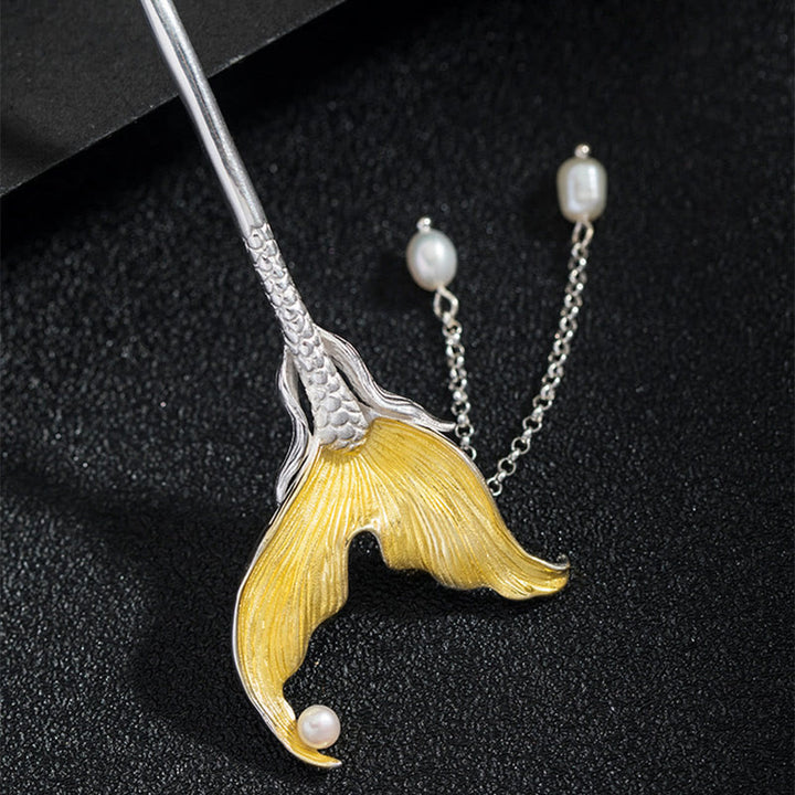 Buddha Stones 925 Sterling Silver Classical Chinese Style Fish Tail Pearl Tassel Calm Hairpin - image 3