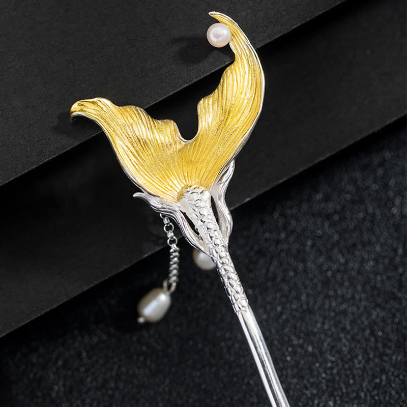 Buddha Stones 925 Sterling Silver Classical Chinese Style Fish Tail Pearl Tassel Calm Hairpin - image 2