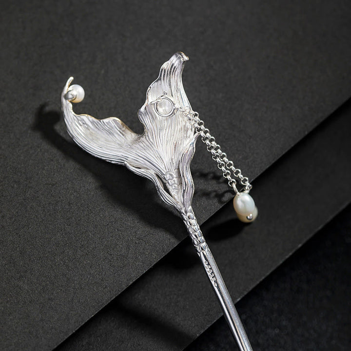 Buddha Stones 925 Sterling Silver Classical Chinese Style Fish Tail Pearl Tassel Calm Hairpin - image 1