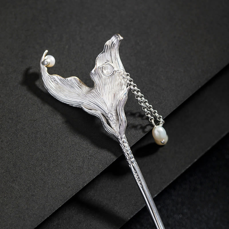 Buddha Stones 925 Sterling Silver Classical Chinese Style Fish Tail Pearl Tassel Calm Hairpin - image 1