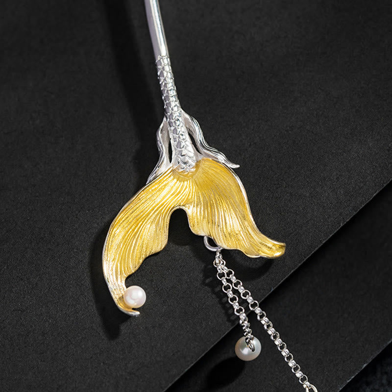 Buddha Stones 925 Sterling Silver Classical Chinese Style Fish Tail Pearl Tassel Calm Hairpin - image 8