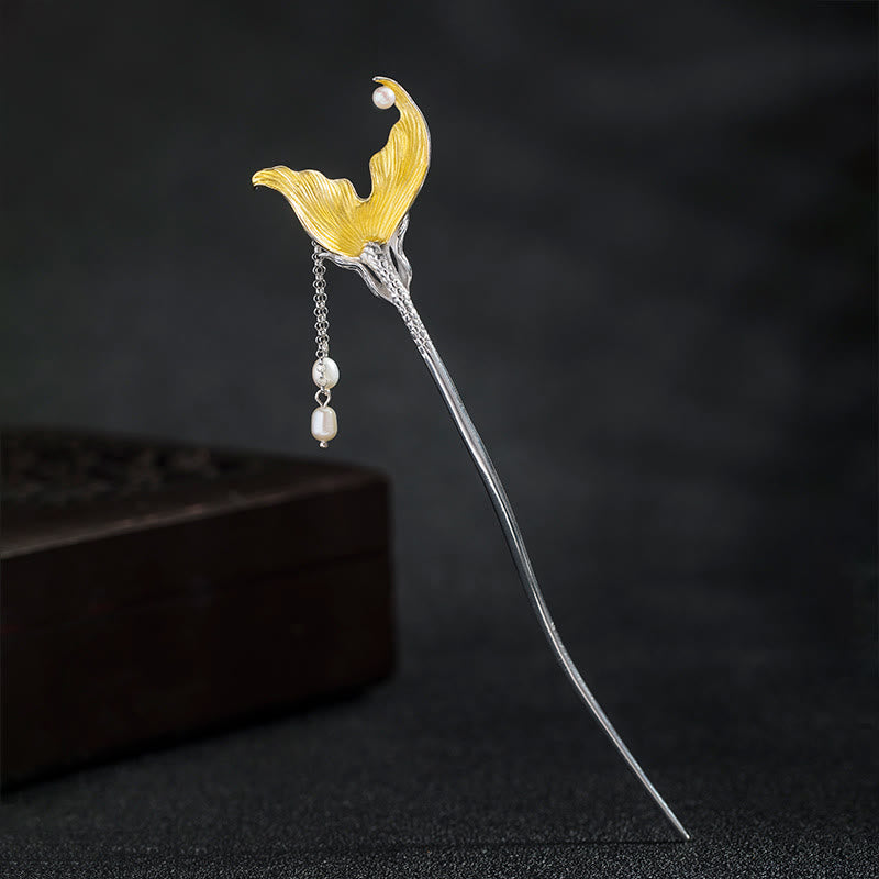 Buddha Stones 925 Sterling Silver Classical Chinese Style Fish Tail Pearl Tassel Calm Hairpin - Fish Tail Hairpin - image 0