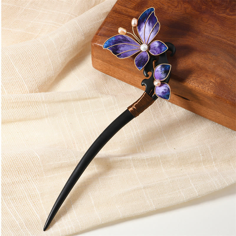 Buddha Stones Intangible Cultural Heritage Craft Ebony Wood Silk Flower Butterfly Pearl Blessing Hairpin