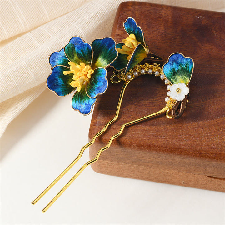 Buddha Stones Intangible Cultural Heritage Craft Ebony Wood Silk Flower Butterfly Pearl Blessing Hairpin