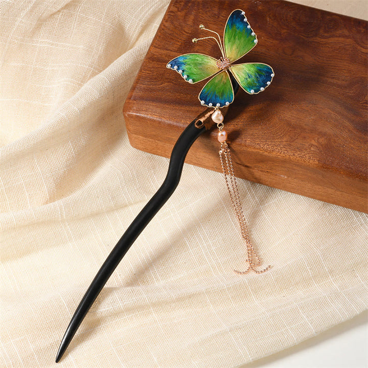 Buddha Stones Intangible Cultural Heritage Craft Ebony Wood Silk Flower Butterfly Pearl Blessing Hairpin