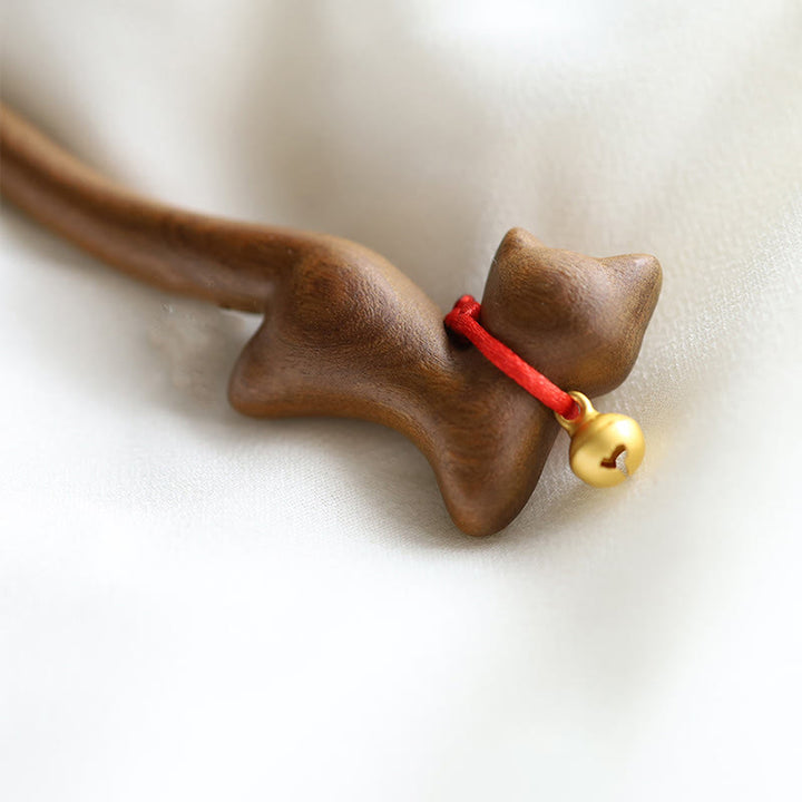 Buddha Stones Classical Chinese Style Cat-shaped Sandalwood Hairpin