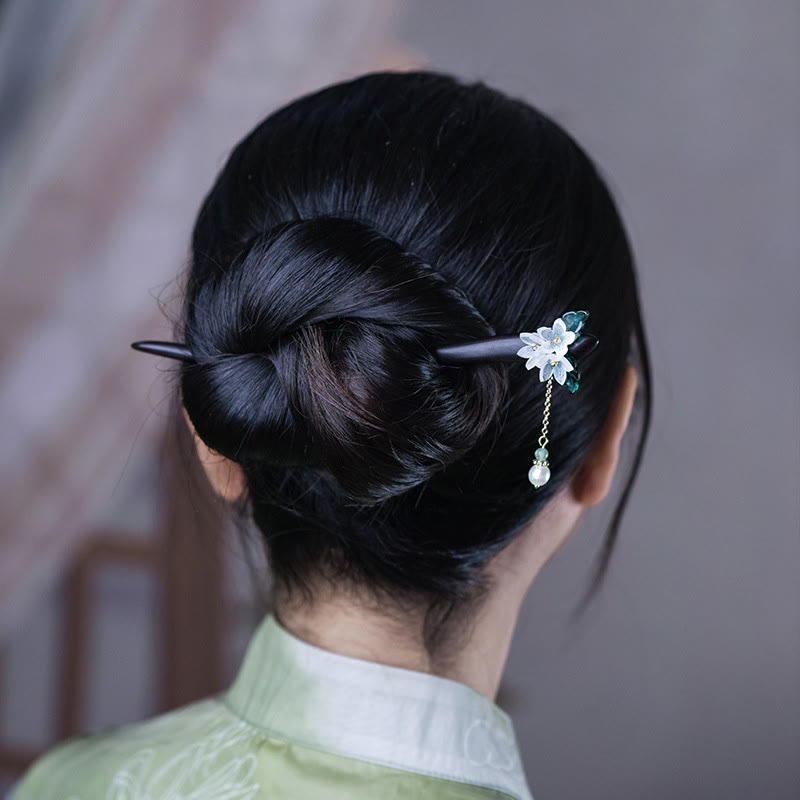 Buddha Stones Lily Of The Valley Pearl Tassel Wood Hairpin