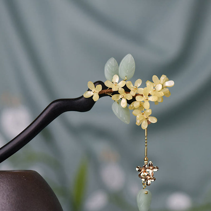 Buddha Stones Natural Ebony Wood Osmanthus Tassel Balance Hairpin