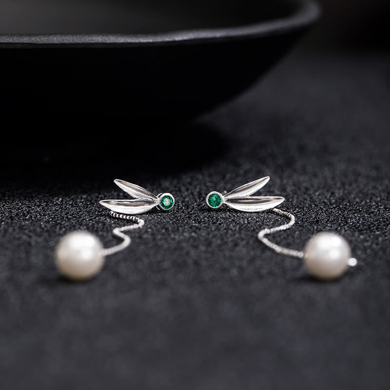 Buddha Stones 925 Sterling Silver Zircon Pearl Bamboo Leaves Protection Drop Earrings - image 6