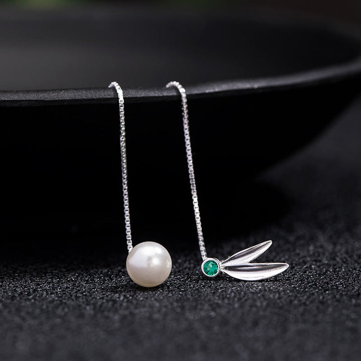 Buddha Stones 925 Sterling Silver Zircon Pearl Bamboo Leaves Protection Drop Earrings - image 5