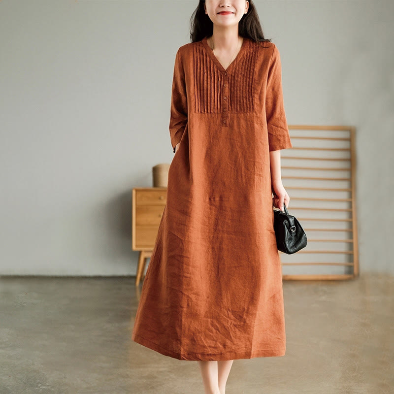 Buddha Stones Casual Plain Accordion Pleats V-neck Half Sleeve Design Linen Midi Dress With Pockets