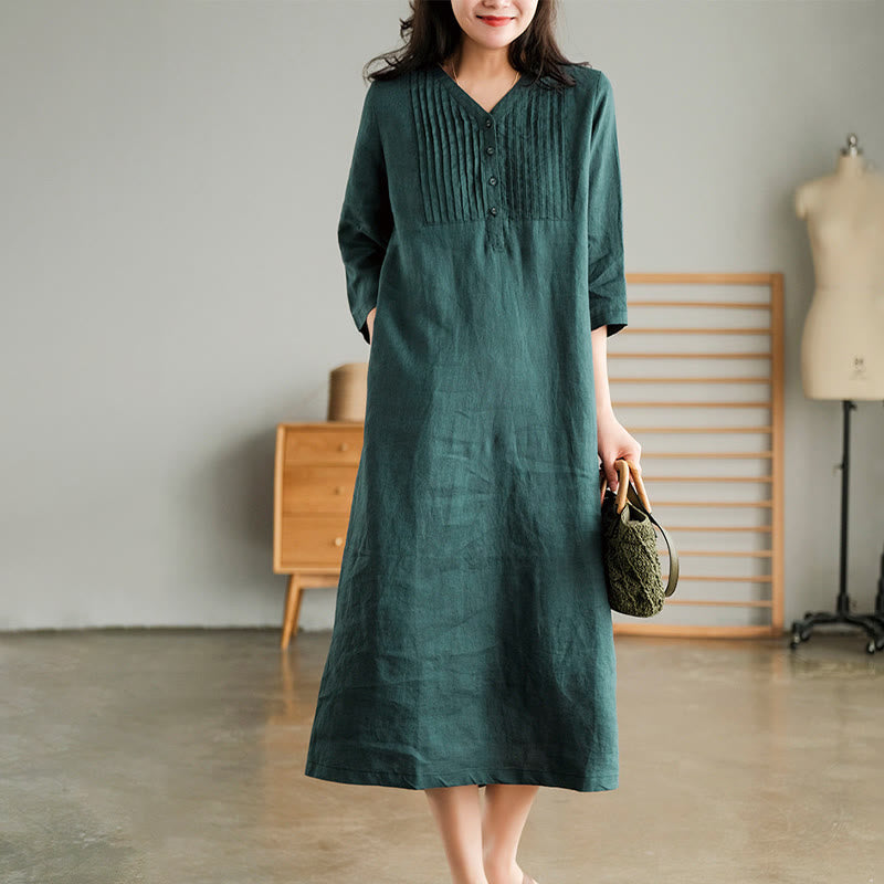 Buddha Stones Casual Plain Accordion Pleats V-neck Half Sleeve Design Midi Dress With Pockets - image 1