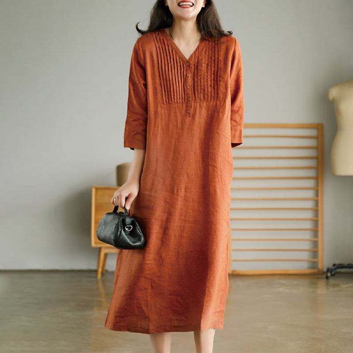 Buddha Stones Casual Plain Accordion Pleats V-neck Half Sleeve Design Midi Dress With Pockets - Coral - US12，UK/AU16，EU44 (3XL) - image 6