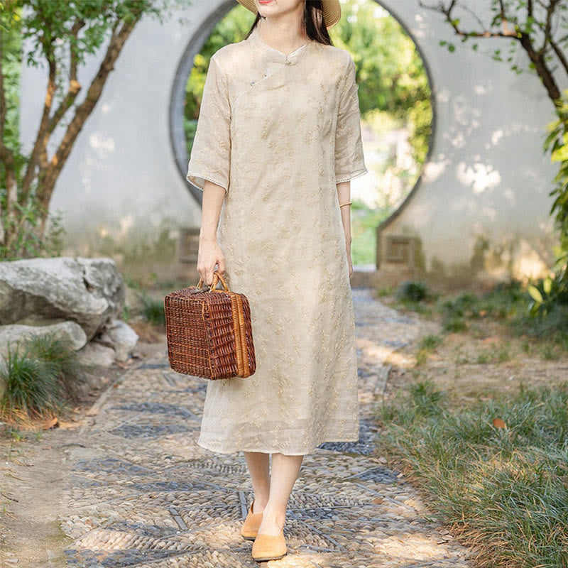 Buddha Stones Casual Embroidered Slant Collar Stand Collar Half Sleeve Design Ramie Midi Dress With Pockets - OldLace - US8-10，UK/AU12-14，EU40-42 (2XL) - image 0