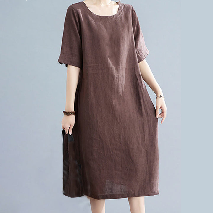 Buddha Stones Casual Loose Solid Color Cotton Linen Crew Neck Half Sleeve Design Midi Dress With Pockets - image 7