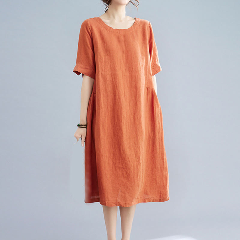 Buddha Stones Casual Loose Solid Color Cotton Linen Crew Neck Half Sleeve Design Midi Dress With Pockets