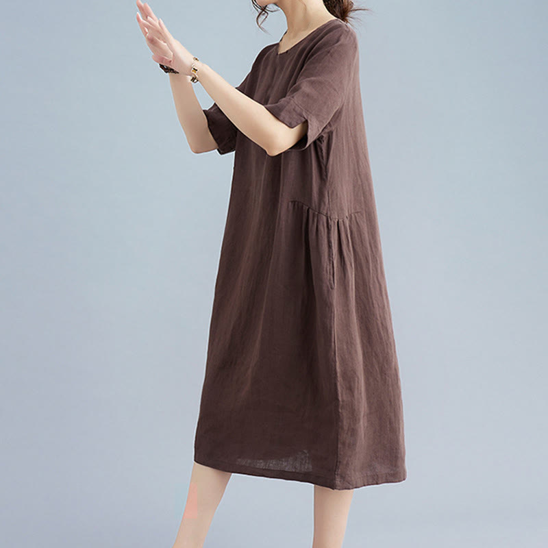 Buddha Stones Casual Loose Solid Color Cotton Linen Crew Neck Half Sleeve Design Midi Dress With Pockets