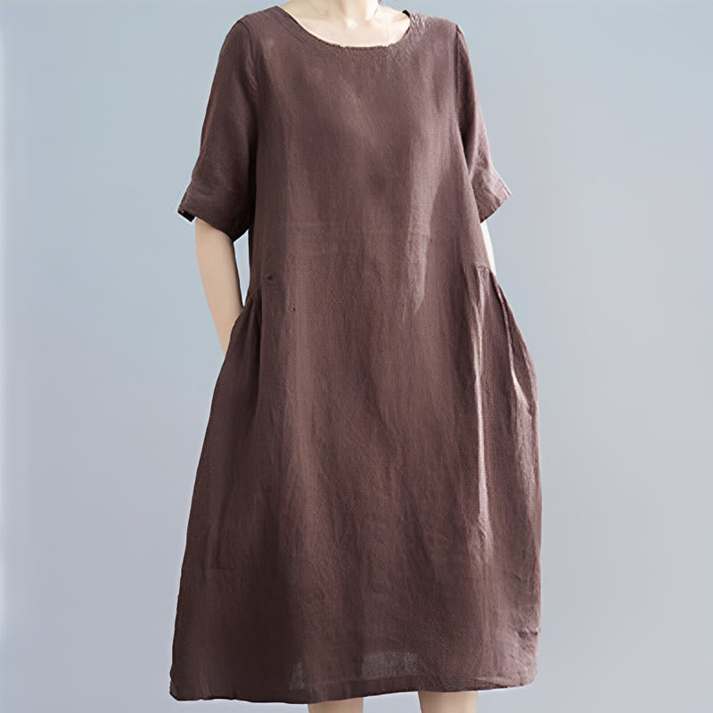 Buddha Stones Casual Loose Solid Color Cotton Linen Crew Neck Half Sleeve Design Midi Dress With Pockets - SaddleBrown - US8-10，UK/AU12-14，EU40-42 (2XL) - image 6