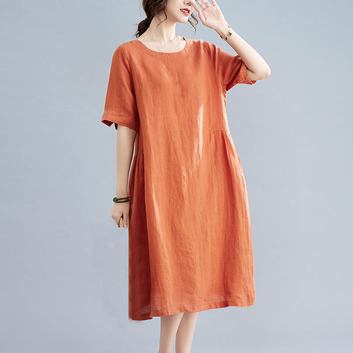 Buddha Stones Casual Loose Solid Color Cotton Linen Crew Neck Half Sleeve Design Midi Dress With Pockets